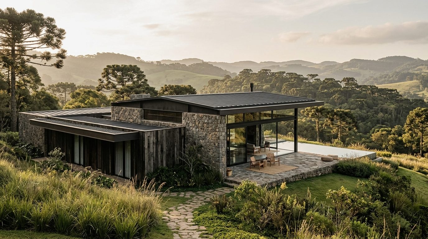 Fachada da Casa Aurea entre araucárias
